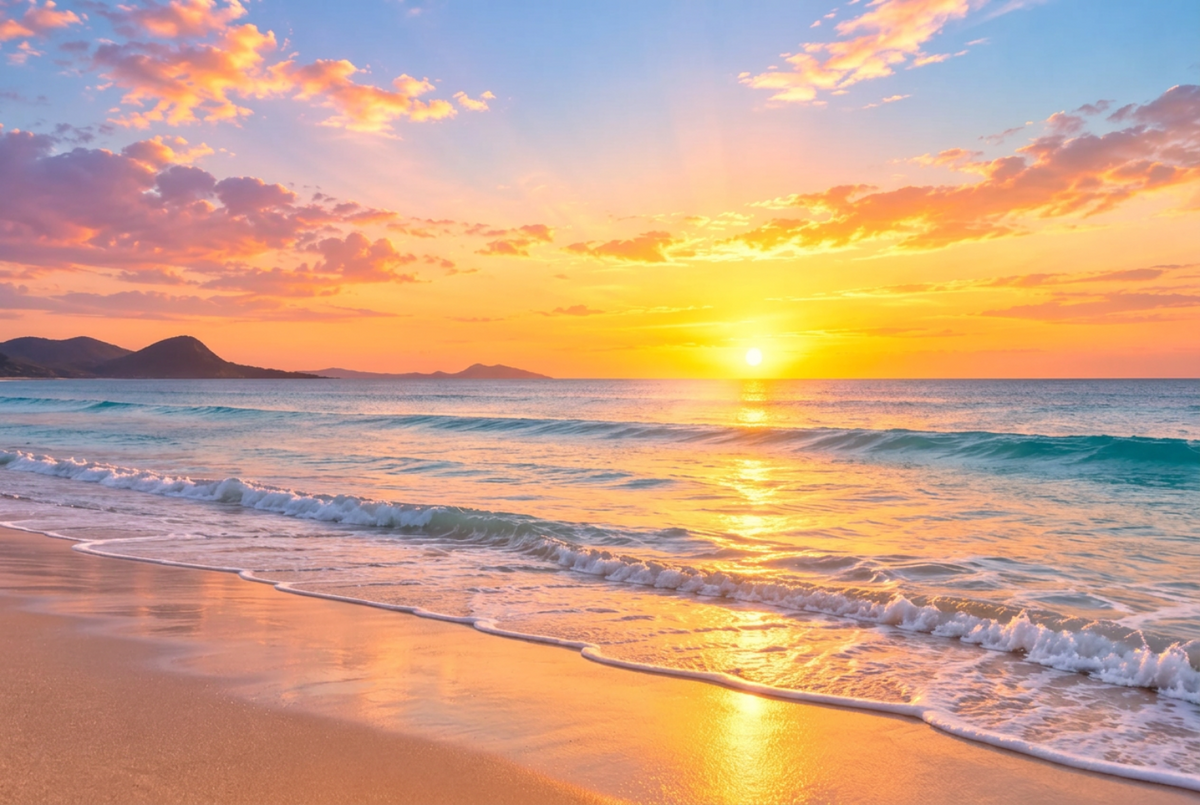 A scenic beach sunset with golden sun rays over the ocean, pink and orange clouds, turquoise waves, and wet sand reflecting the light.
